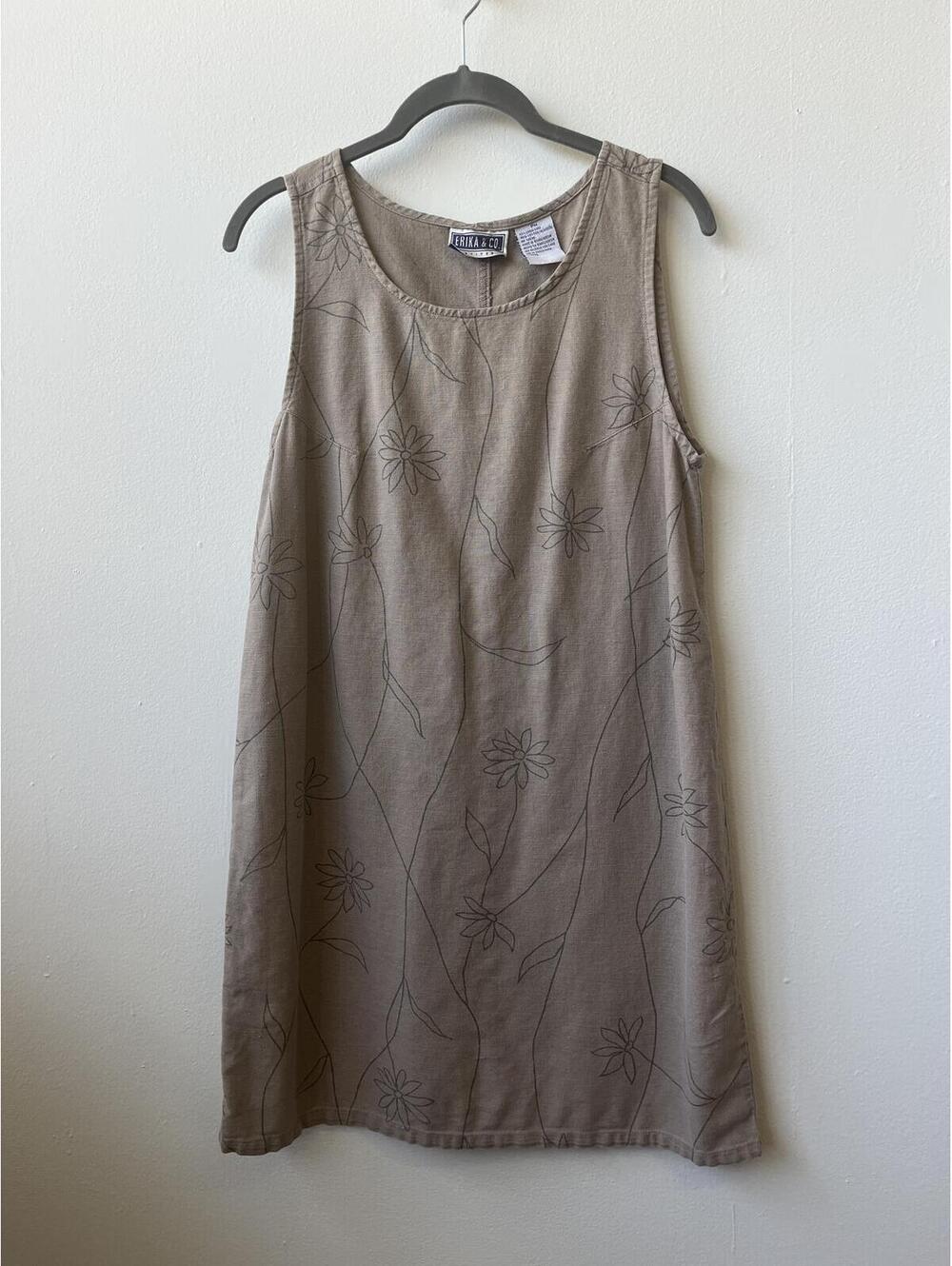 Vintage Erika and Co size large linen cotton botanical dress petite medium boho